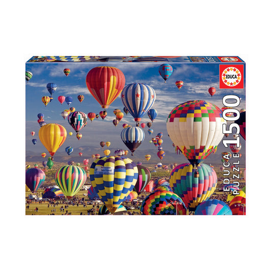 Educa Hot Air Balloons Jigsaw Puzzle box showing colorful hot air balloons flying over a landscape with crowds below, 1500 pieces