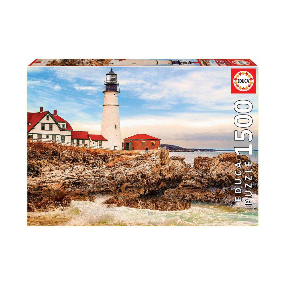 Educa Rocky Lighthouse jigsaw puzzle box featuring a coastal lighthouse with red roof on rocky shore and waves, 1500 pieces