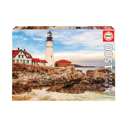 Educa Rocky Lighthouse jigsaw puzzle box featuring a coastal lighthouse with red roof on rocky shore and waves, 1500 pieces