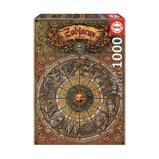 Educa Zodiac Themed Jigsaw Puzzle box featuring ornate astrology wheel with zodiac signs, sun face center, and decorative gold filigree border