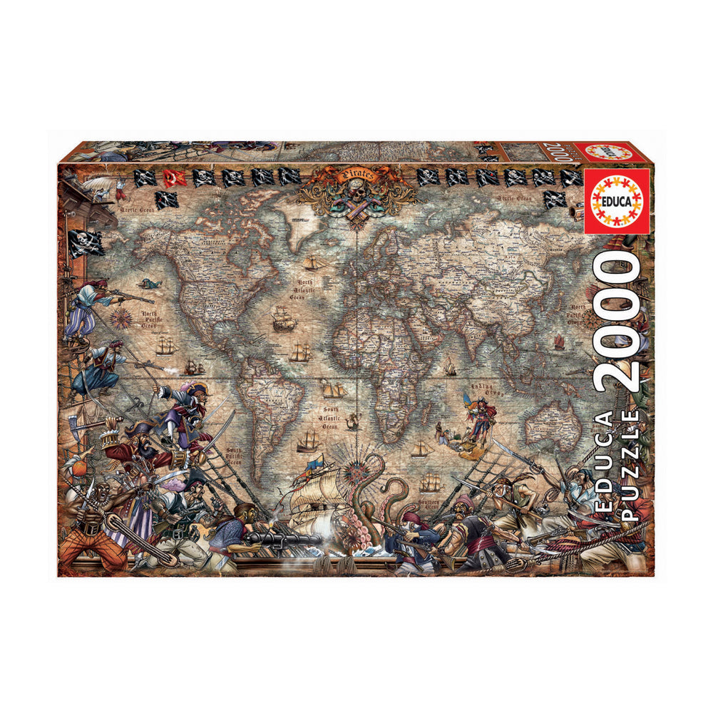 Educa Pirates Map Jigsaw Puzzle 2000 piece box showing vintage world map with pirate illustrations, ships, and sea creatures in ornate border design