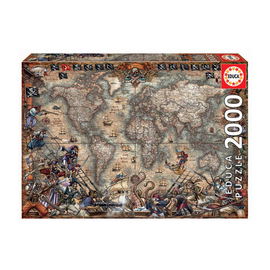 Educa Pirates Map Jigsaw Puzzle 2000 piece box showing vintage world map with pirate illustrations, ships, and sea creatures in ornate border design