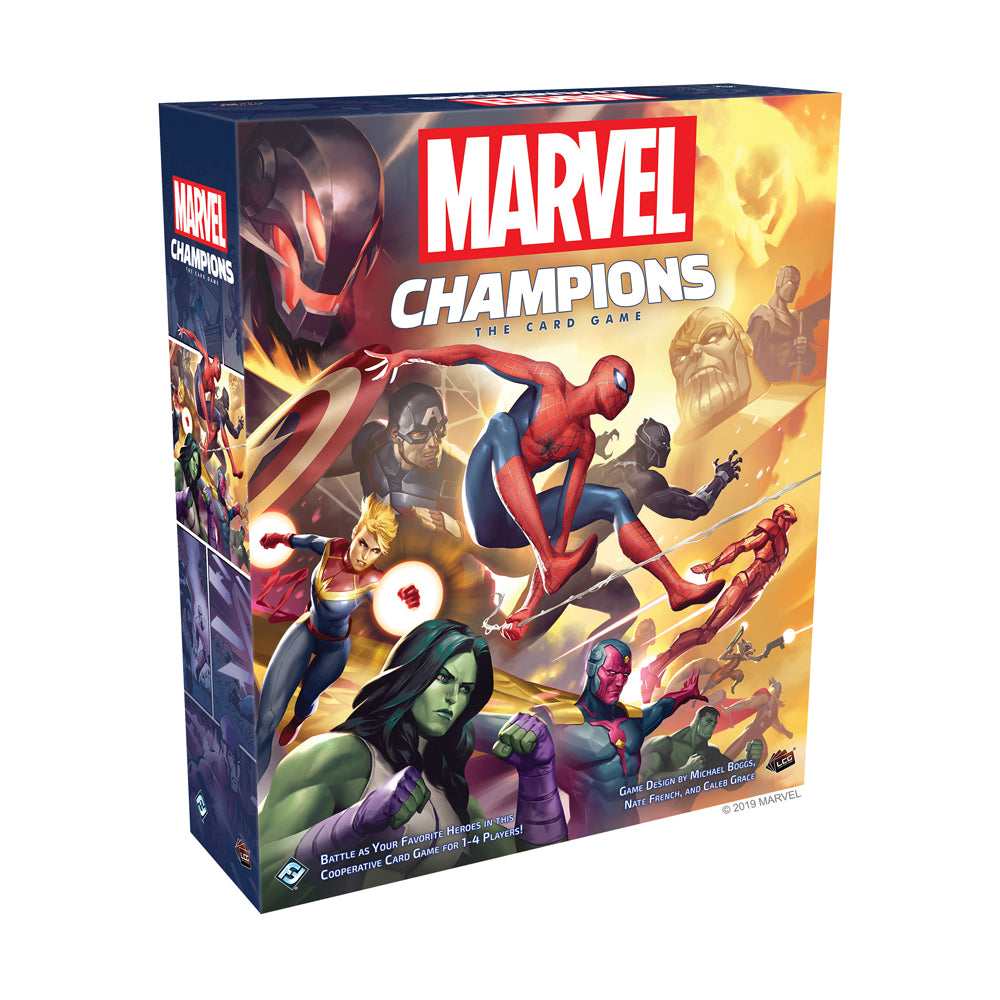 Marvel Champions: The Card Game box featuring Spider-Man, Captain Marvel, Black Panther, Gamora, and other Marvel heroes in action poses against a yellow and re