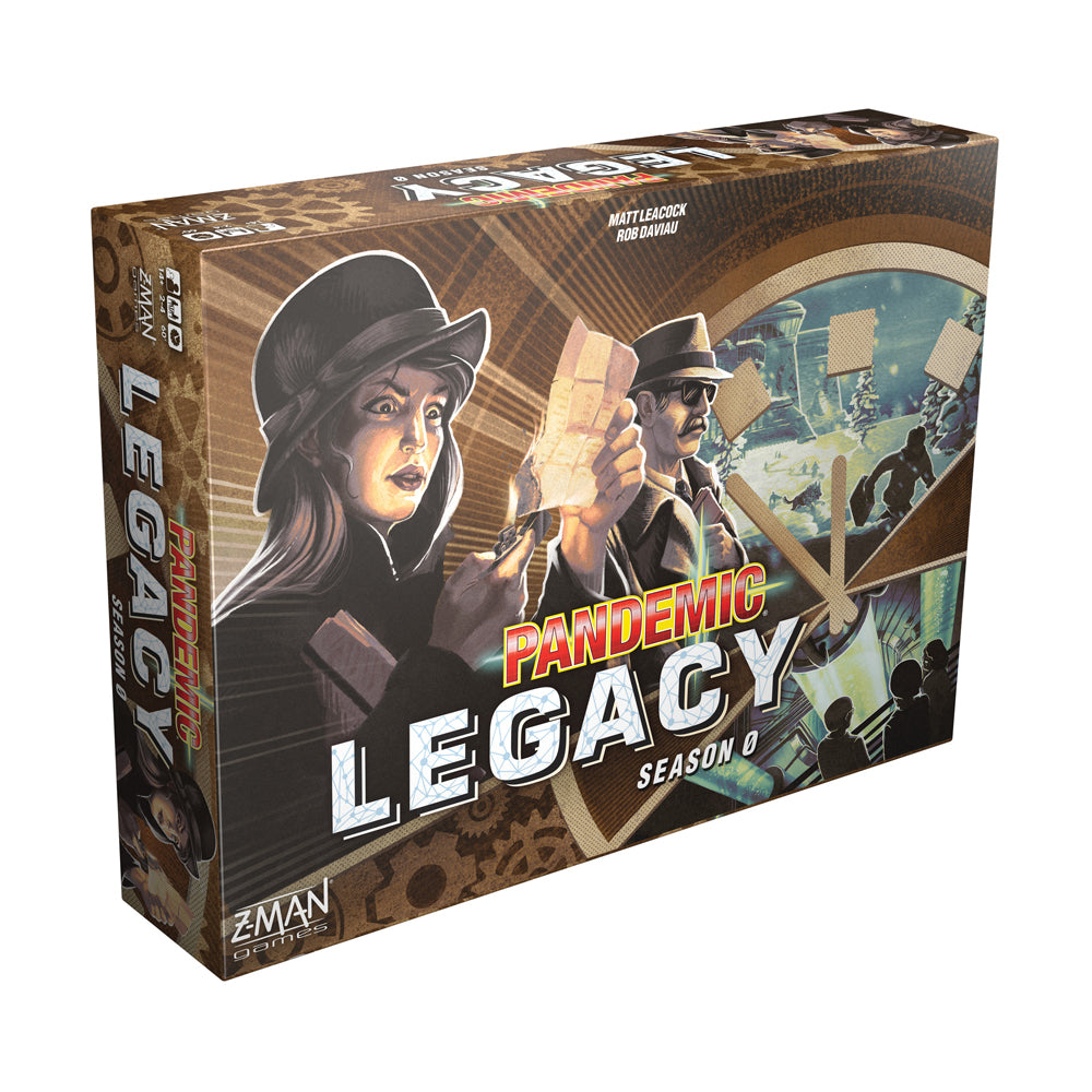 Pandemic Legacy Season 0 board game box featuring vintage espionage artwork with characters in hats examining maps and documents against a brown textured backgr
