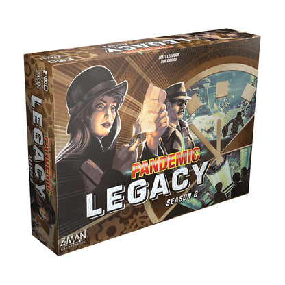 Pandemic Legacy Season 0 board game box featuring vintage espionage artwork with characters in hats examining maps and documents against a brown textured backgr