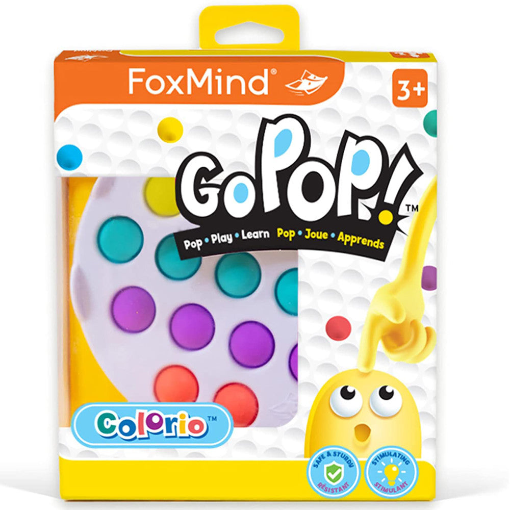 FoxMind Go Pop! Colorio game package showing yellow character with pop-it fidget toy featuring colorful bubble-popping circles