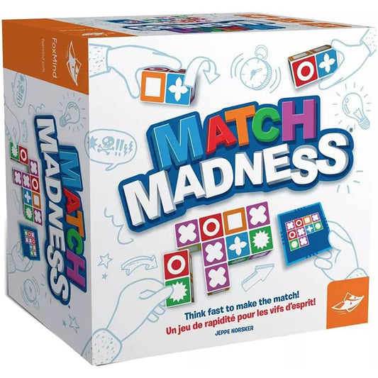 Match Madness board game box showing colorful pattern-matching tiles with symbols, game pieces, and packaging by FoxMind Games