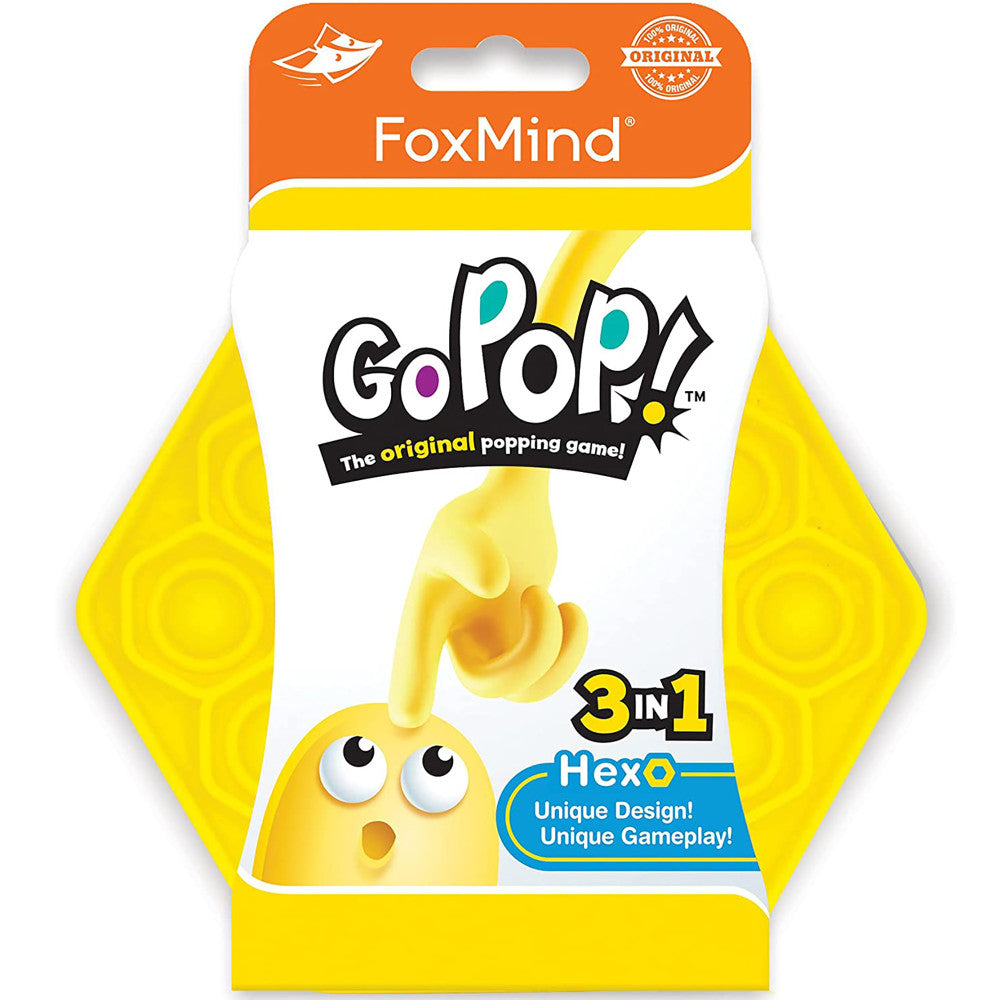FoxMind Go Pop! Hexo Yellow package showing yellow hexagonal game pieces with a character with large eyes and the "The original popping game" logo