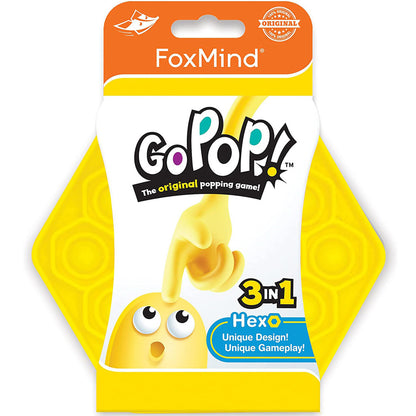 FoxMind Go Pop! Hexo Yellow package showing yellow hexagonal game pieces with a character with large eyes and the "The original popping game" logo