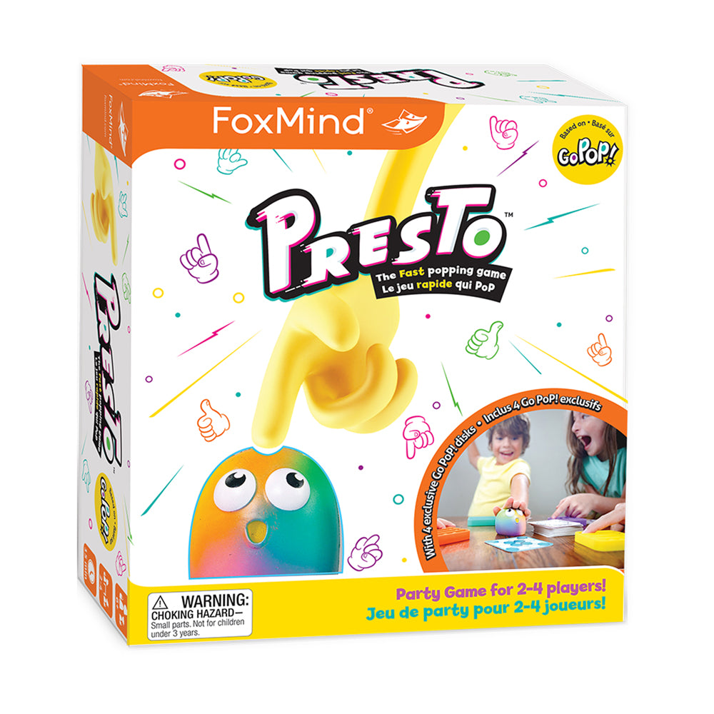 FoxMind Go Pop! Presto bubble popping game box featuring a colorful egg-shaped popper toy with yellow stem and game cards, for 2-4 players