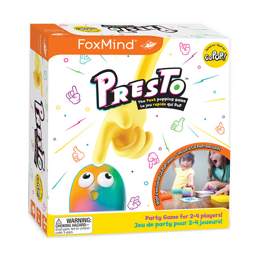 FoxMind Go Pop! Presto bubble popping game box featuring a colorful egg-shaped popper toy with yellow stem and game cards, for 2-4 players