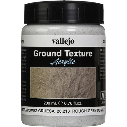 Vallejo Ground Texture Acrylic Paint in Rough Grey Pumice, 200ml jar with black screw cap