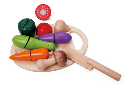 Wooden vegetable cutting playset with carrot, cucumber, tomato, and eggplant pieces, wooden cutting board, knife, and red flower-shaped piece