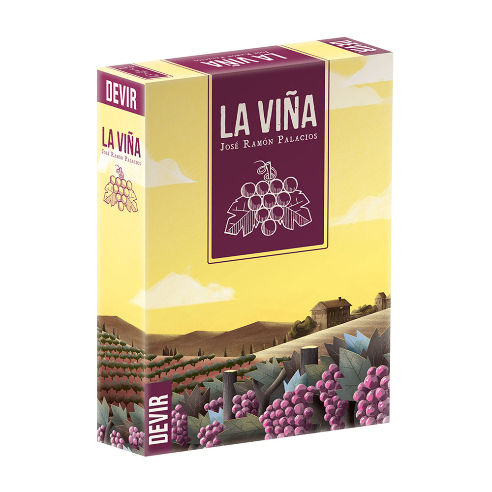 La Vina board game box by José Ramón Palacios, featuring purple and yellow packaging with vineyard landscape illustration and grape clusters