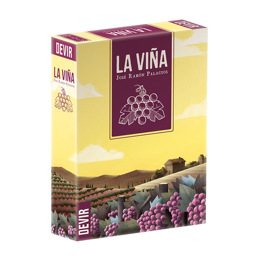 La Vina board game box by José Ramón Palacios, featuring purple and yellow packaging with vineyard landscape illustration and grape clusters