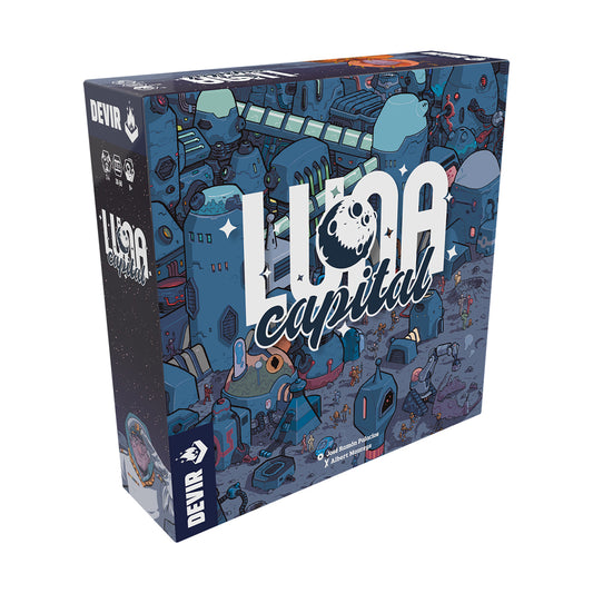 LUNA Capital board game box by Devir featuring blue sci-fi cityscape artwork with a skull moon icon and game title in white lettering