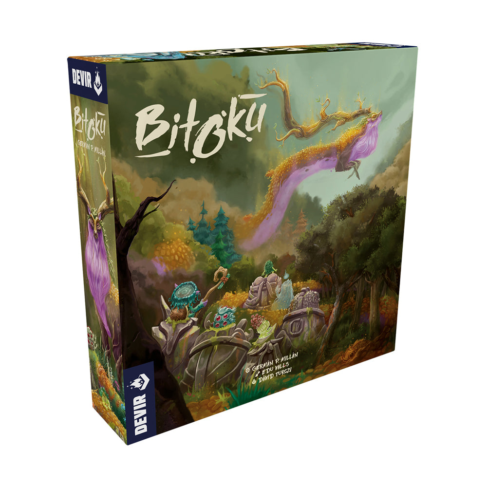 Bitoku board game box featuring fantasy forest landscape with purple dragon and small characters in a mystical setting