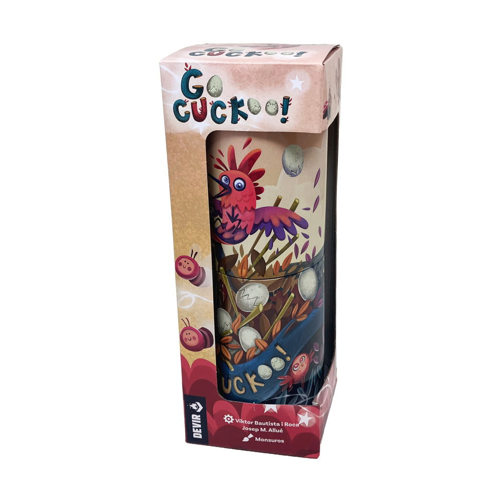 Go Cuckoo board game in packaging, showing colorful red cuckoo bird and egg nest game components visible through clear window