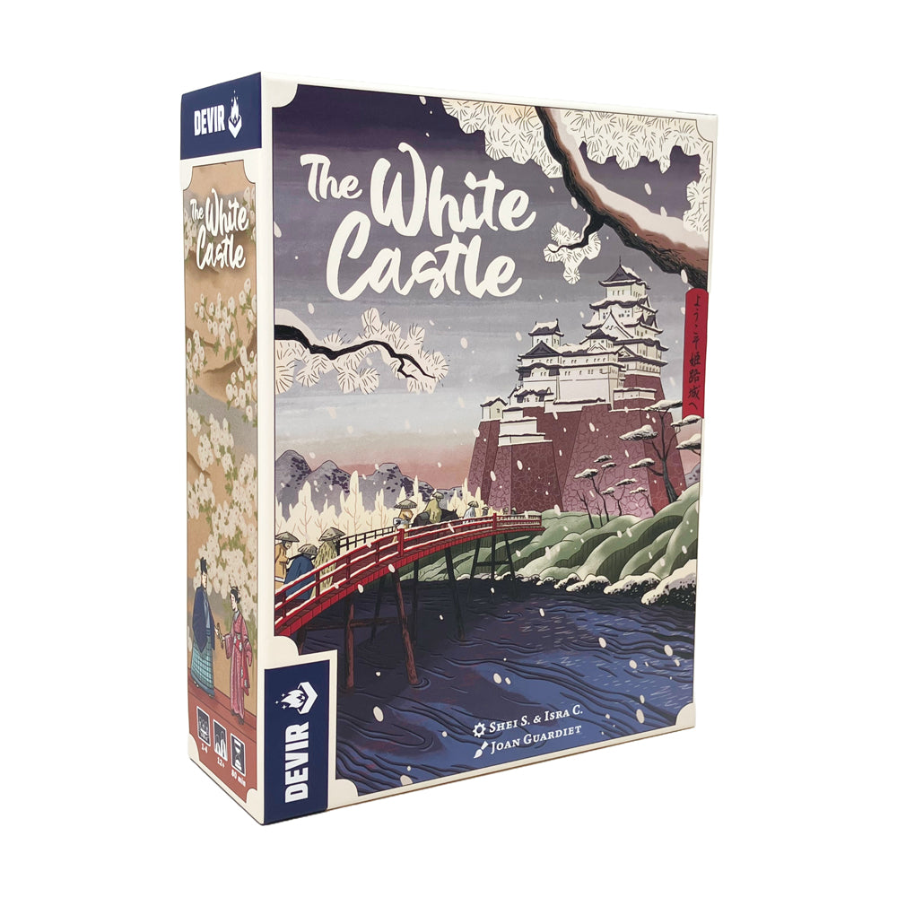 The White Castle board game box by Devir featuring illustrated Japanese castle with red bridge, snow, and flowering trees in Asian art style