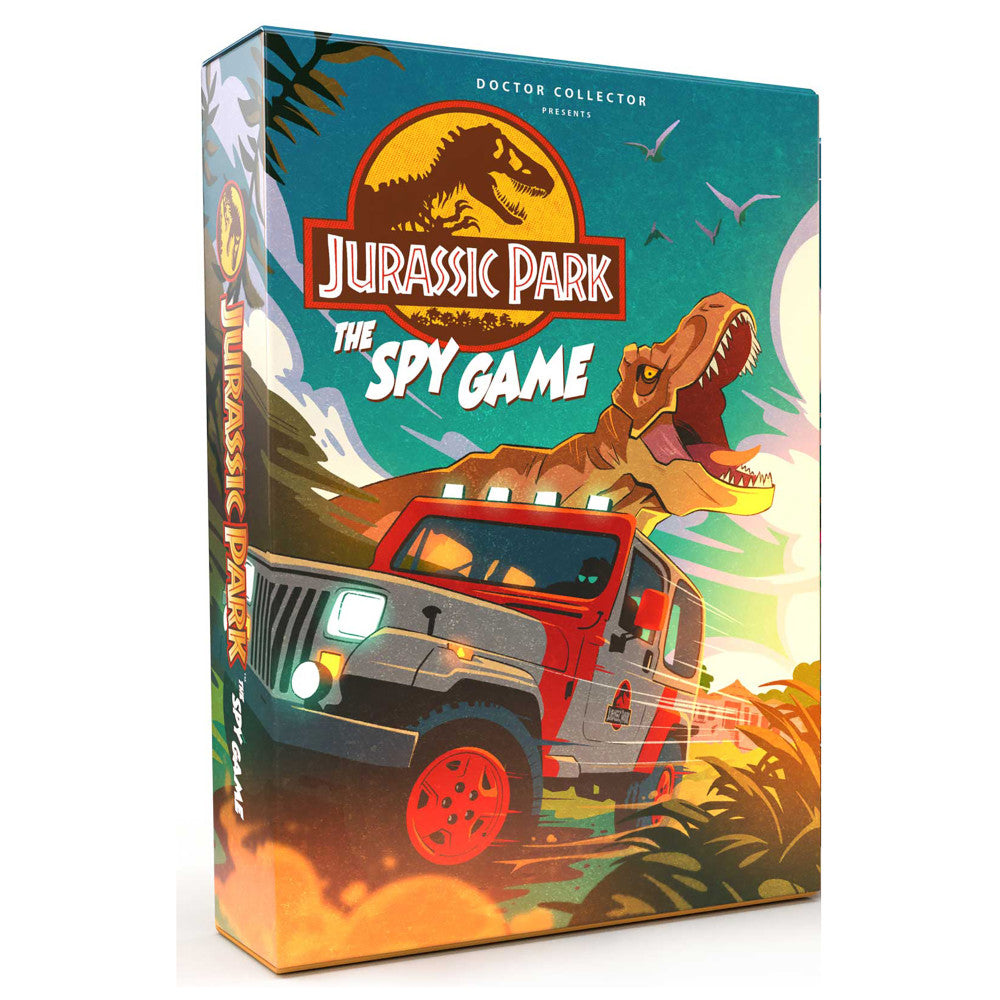 Jurassic Park The Spy Game board game box featuring red jeep and dinosaurs on teal background