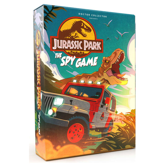 Jurassic Park The Spy Game board game box featuring red jeep and dinosaurs on teal background