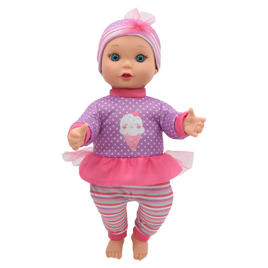 Baby doll with blue eyes, pink and purple striped hat with bow, purple polka-dot top with ice cream design, pink tutu skirt, and striped leggings
