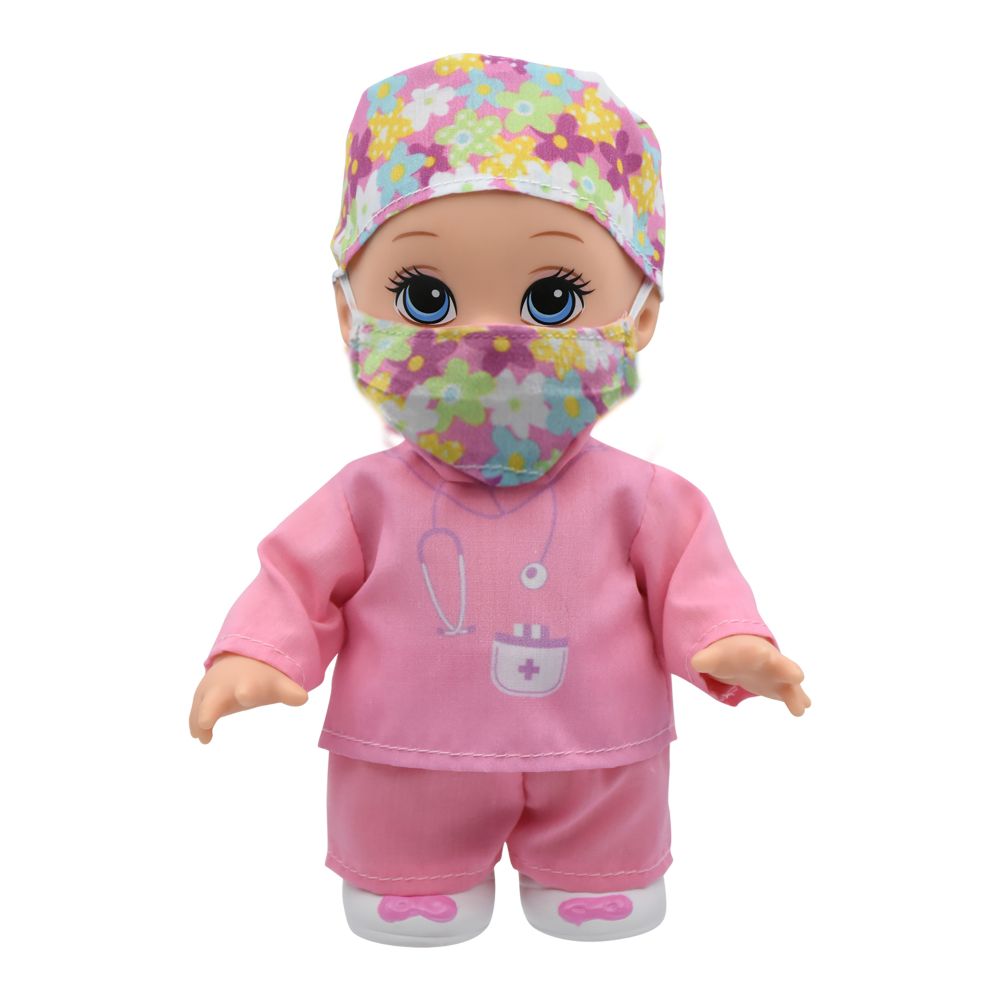 8-inch doll with blue eyes wearing colorful floral headwrap and face mask, pink shirt with stethoscope and medical bag design, and pink shorts