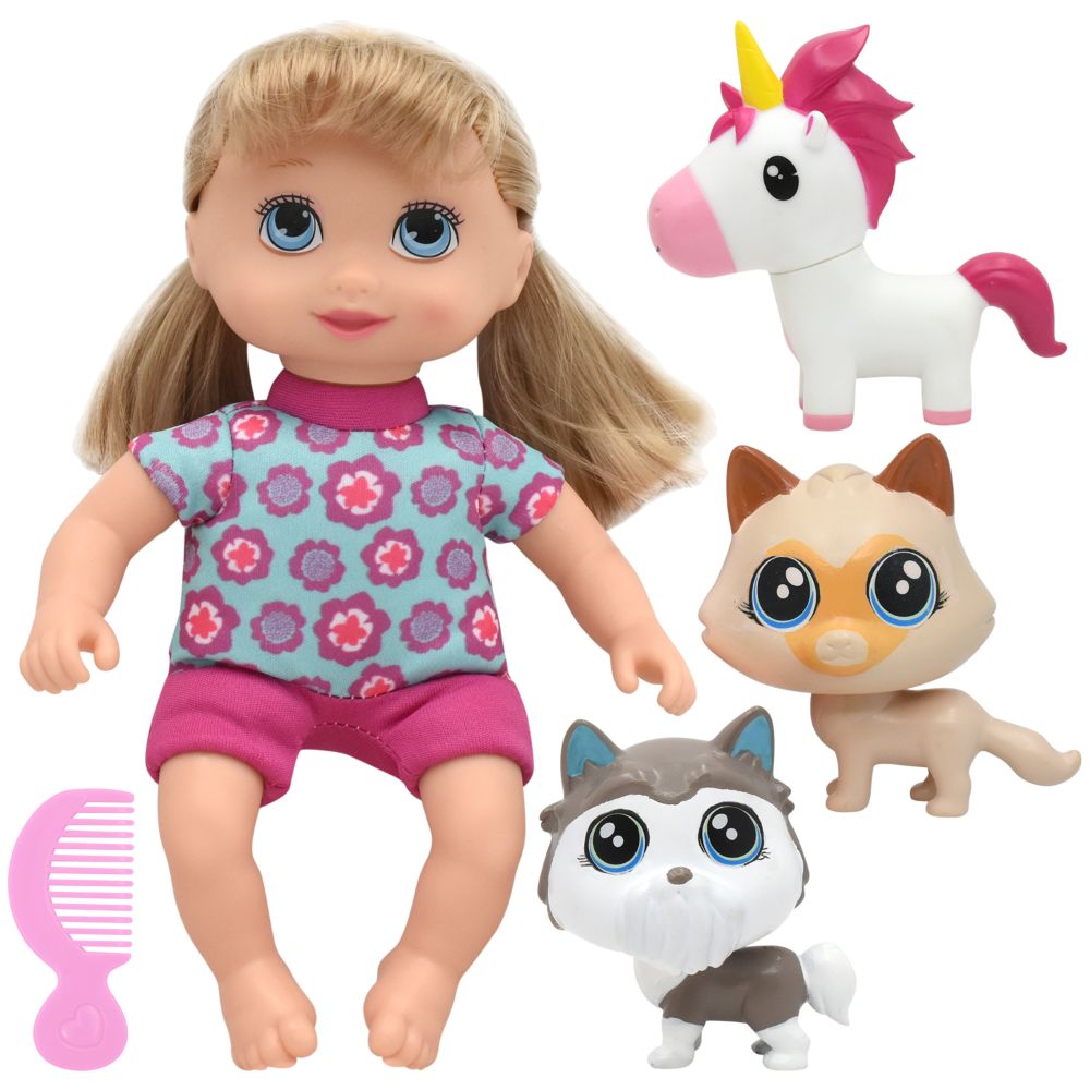 10-inch doll with blonde hair and blue eyes wearing turquoise floral shirt and pink shorts, accompanied by three plush pets: white unicorn with pink and yellow