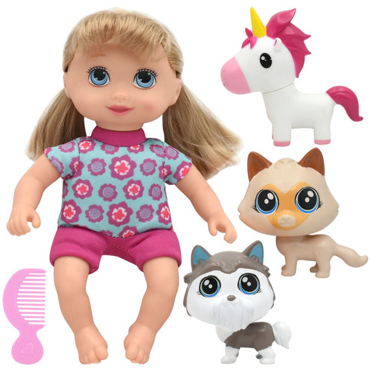 10-inch doll with blonde hair and blue eyes wearing turquoise floral shirt and pink shorts, accompanied by three plush pets: white unicorn with pink and yellow