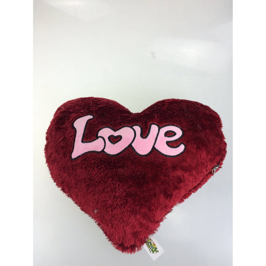 Red plush heart pillow with pink "Love" text and small heart detail