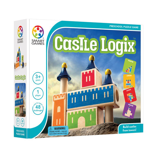 Castle Logix wooden puzzle game box showing colorful stacked tower pieces with blue, orange, red, and green sections, and four difficulty level cards on the rig