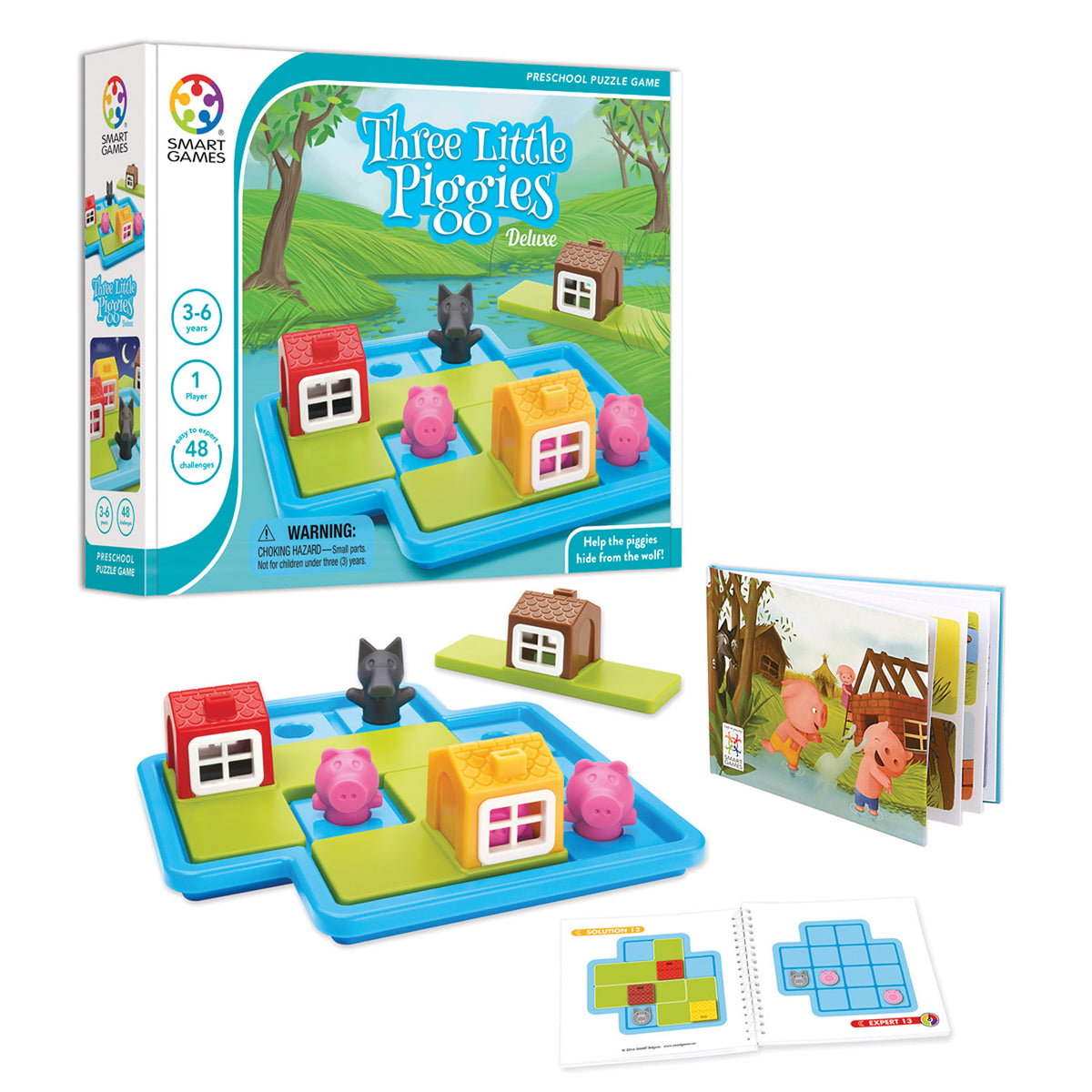Three Little Piggies Deluxe puzzle game with blue board, colorful houses, pink piggies, and story book for ages 3-6