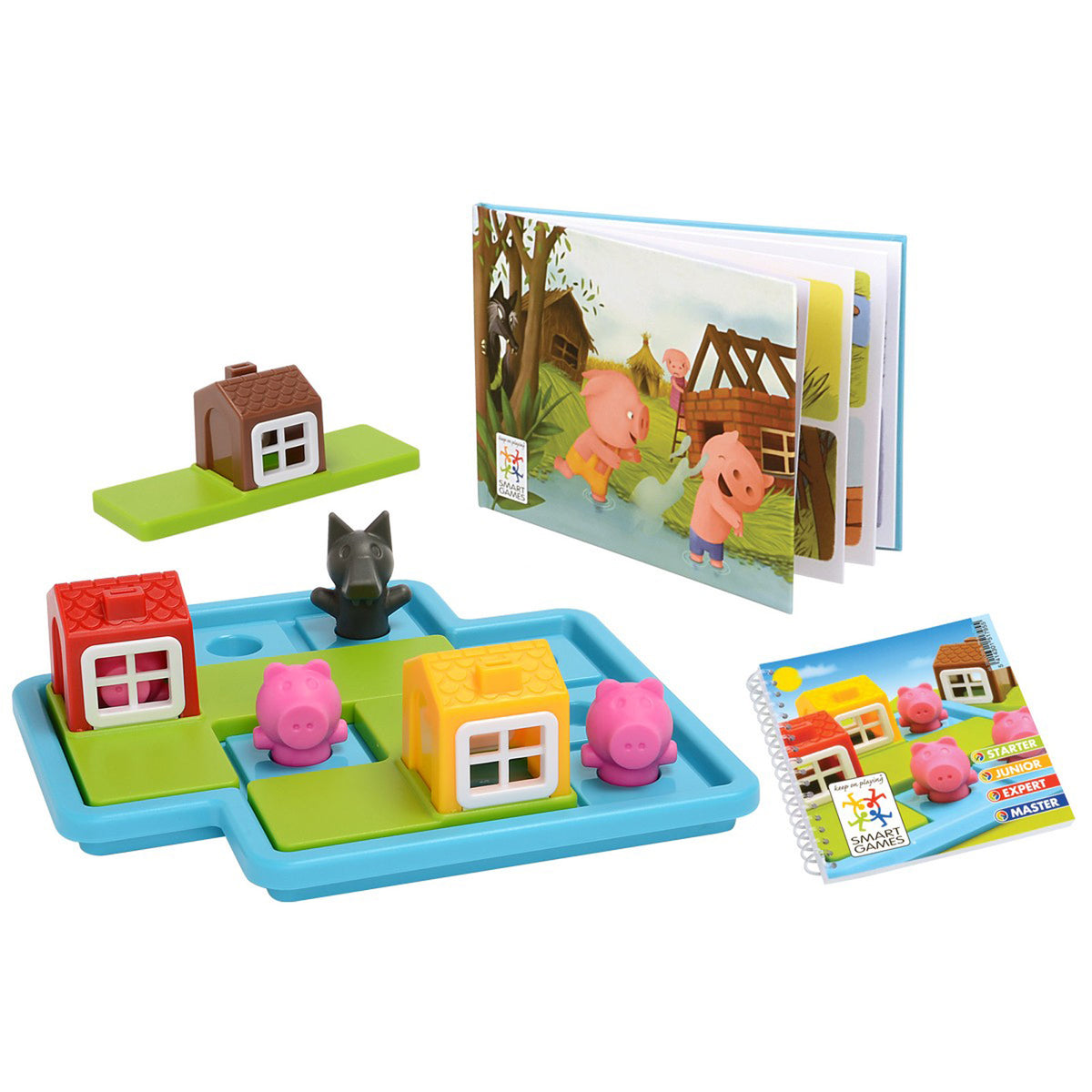Three Little Piggies Deluxe Cooperative Puzzle Game with colorful houses, pig figures, and storybook