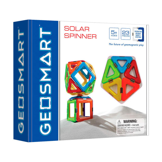 GeoSmart Solar Spinner 23-piece magnetic construction set with colorful geometric shapes in red, blue, green, and yellow