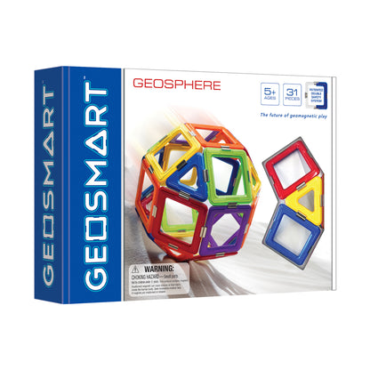 GeoSphere magnetic building set with colorful interlocking frames in red, yellow, blue, green, and purple arranged in a spherical structure and separate stack,