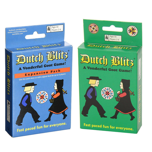 Dutch Blitz Original and Expansion Pack card games, blue and green boxes featuring illustrated Dutch figures and decorative wheel designs