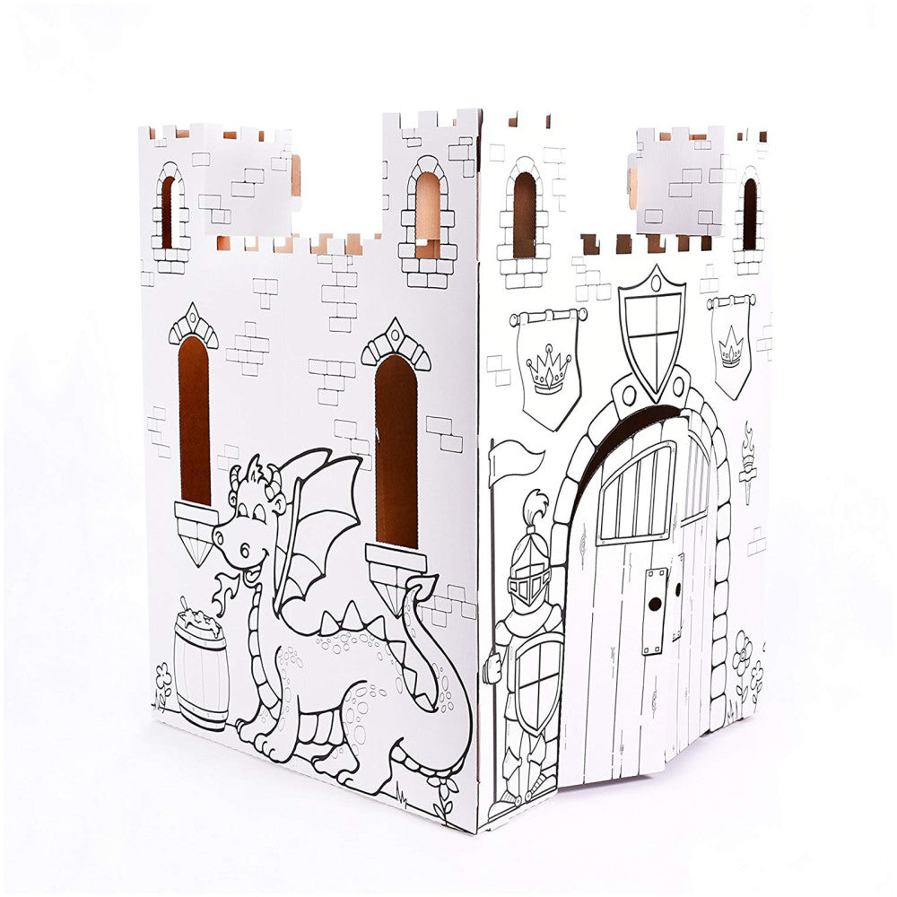 Cardboard castle playhouse with white panels, brown brick details, dragon illustration on front, knight and banners on back, ready to color and assemble
