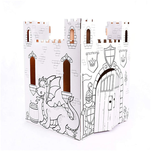 Cardboard castle playhouse with white panels, brown brick details, dragon illustration on front, knight and banners on back, ready to color and assemble