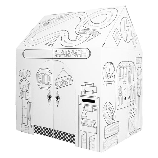 Cardboard garage playhouse with printed garage details, race track, tools, and traffic signs; designed for kids to color and assemble