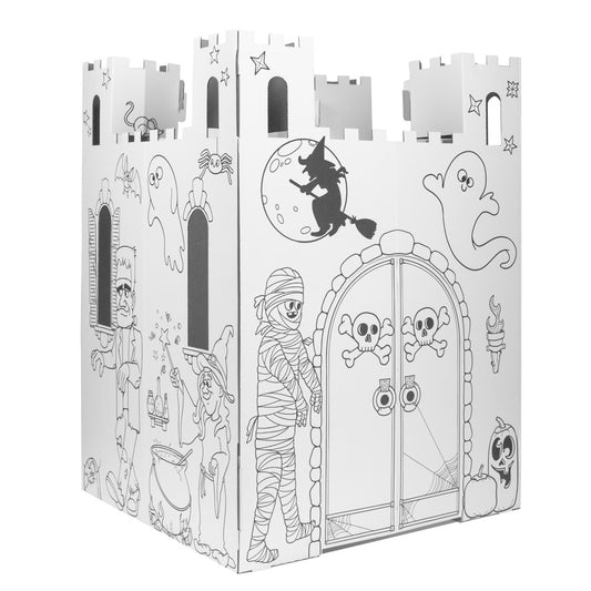 White cardboard haunted castle playhouse with black line-art drawings of ghosts, witches, mummies, skulls, spiders, and bats; features castle tower design with