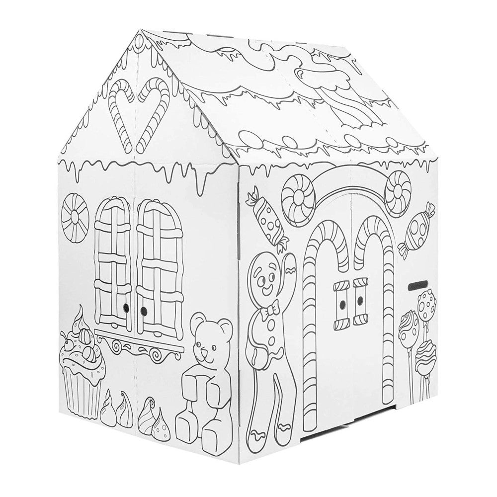 Colorable cardboard gingerbread house playhouse with icing details, candy decorations, and windows, shown as line art ready to color