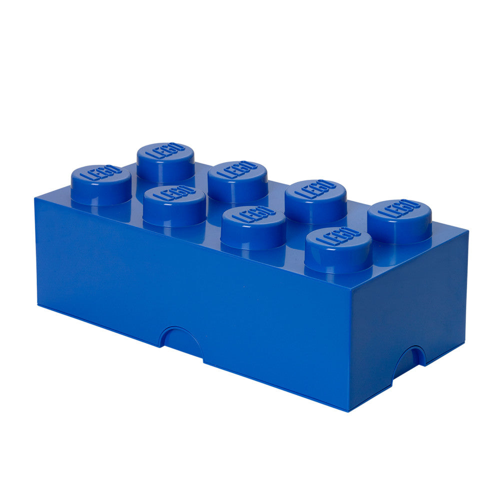 Blue LEGO storage brick with eight studs on top and side handles, for organizing and storing LEGO pieces
