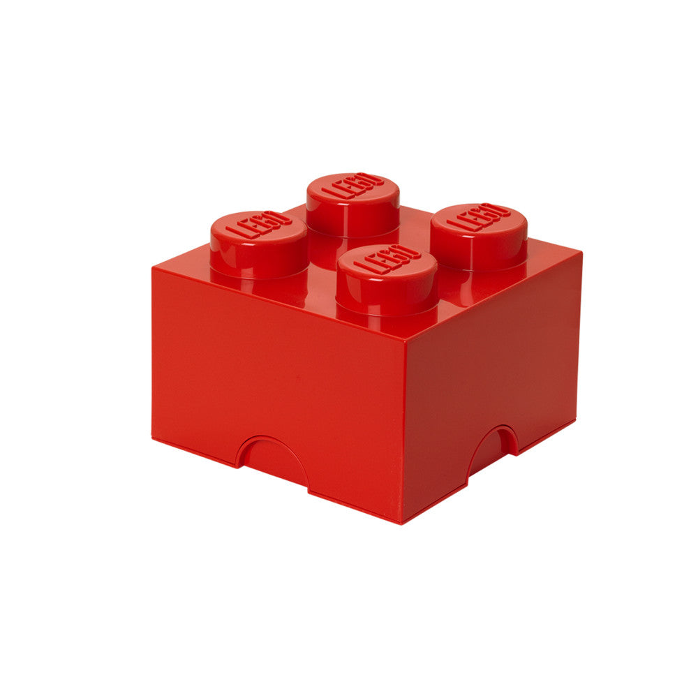Red LEGO storage brick with four studs on top and curved handles on sides