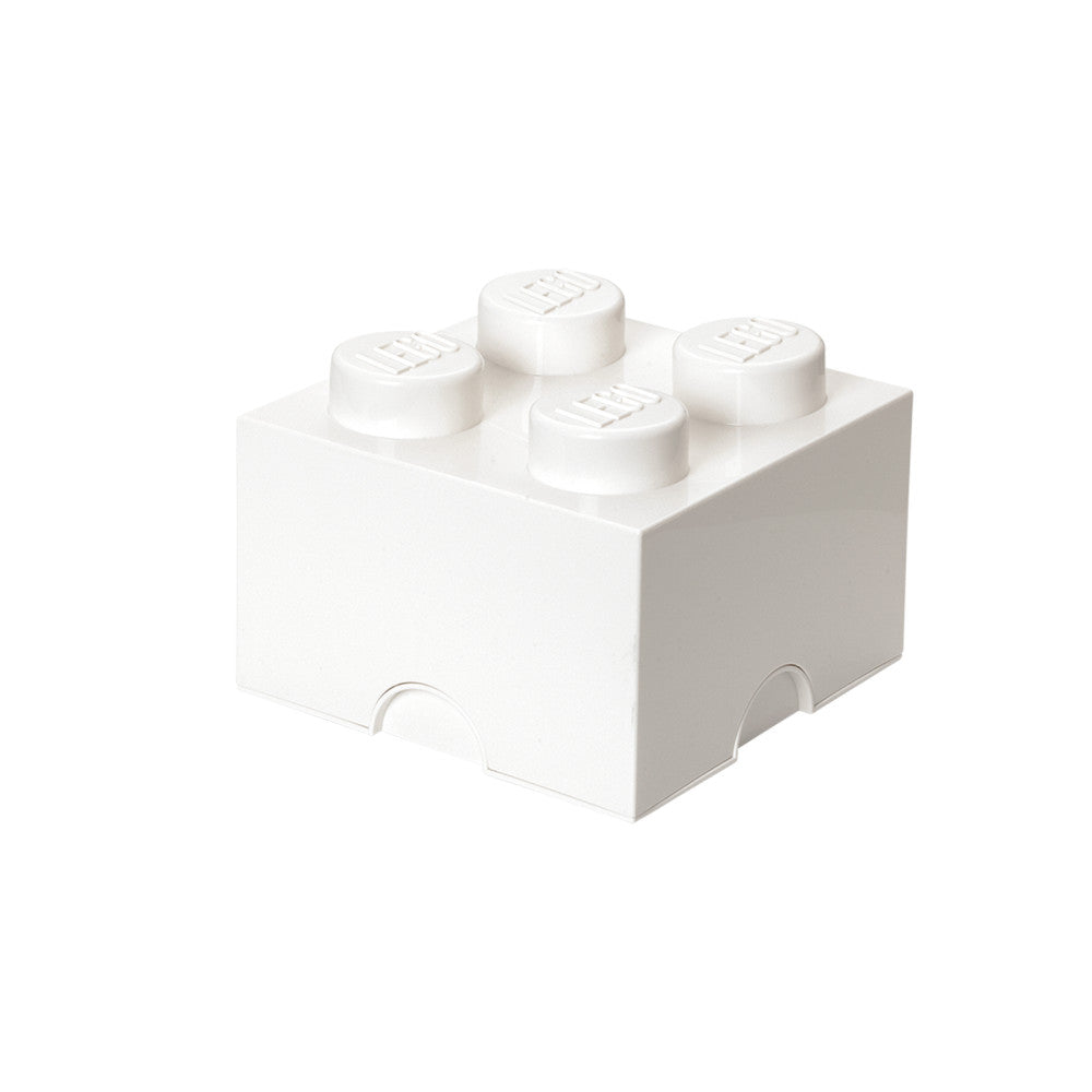White LEGO storage brick with four stud connectors on top and handles on sides for stacking and organizing bricks and minifigures