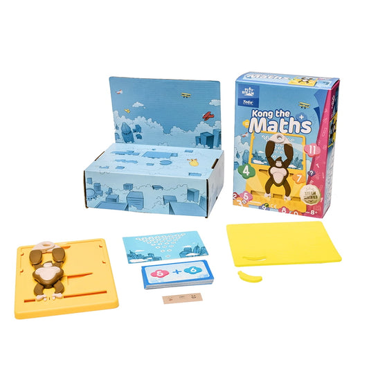 Kong the Maths interactive learning toy set with blue storage box, yellow puzzle board, brown Kong character piece, game cards, and accessories