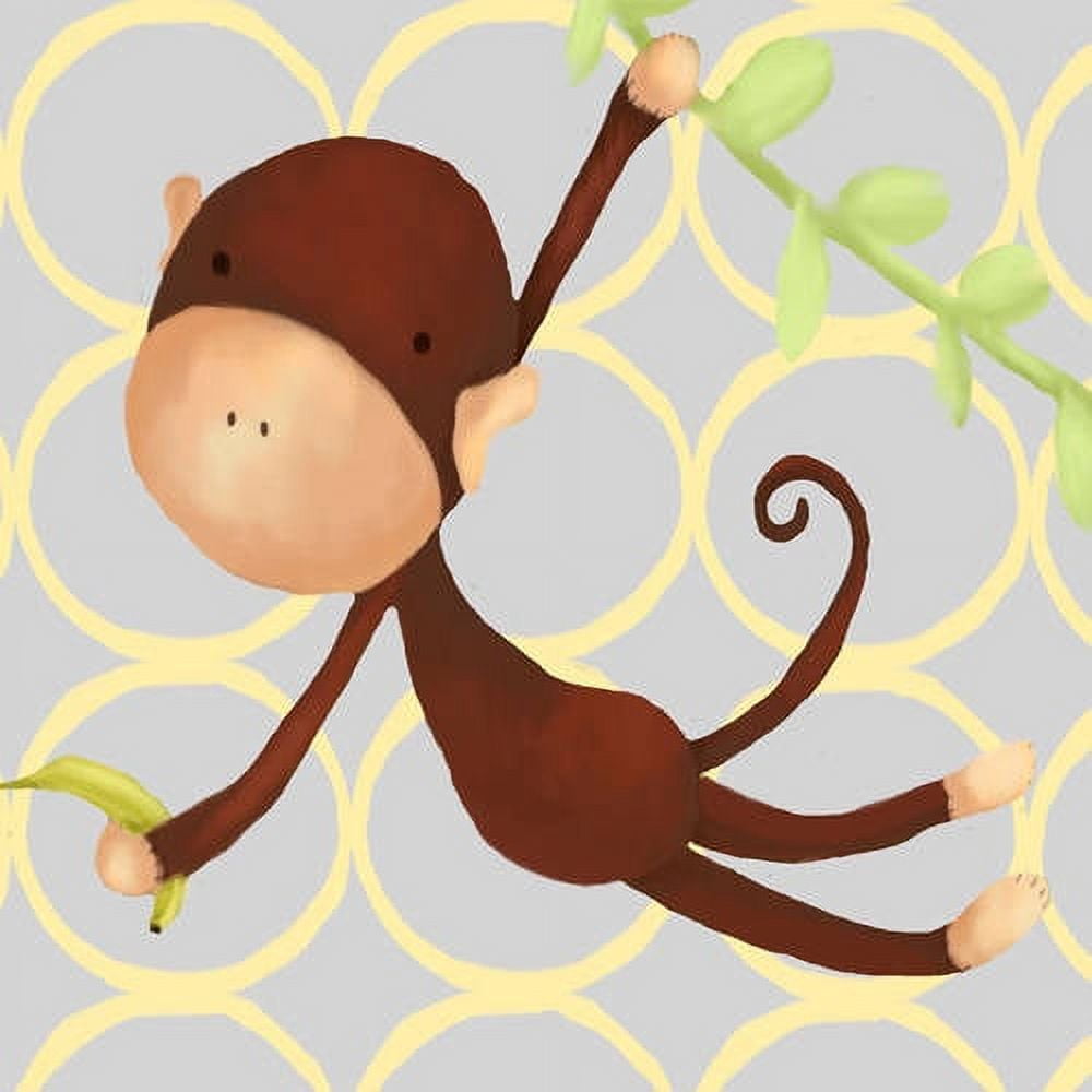 Brown cartoon monkey hanging from banana-patterned background, reaching toward green leaves