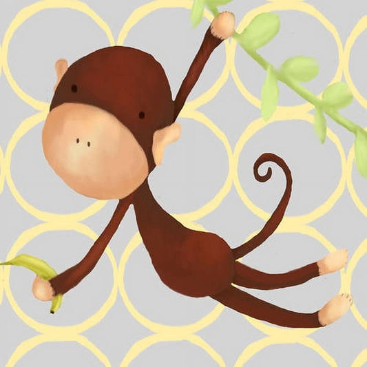 Brown cartoon monkey hanging from banana-patterned background, reaching toward green leaves