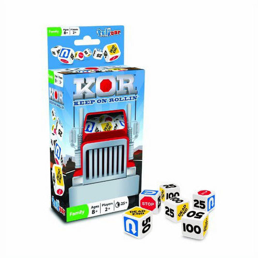 KOR Keep on Rollin truck dice game box with red and white truck design, shown with four white dice featuring numbers and symbols