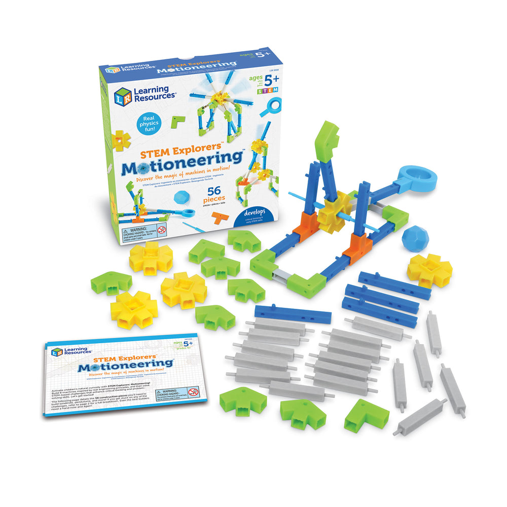 Learning Resources STEM Explorers Motioneering building set with box, instruction manual, and 56 colorful plastic pieces including gears, connectors, rods, and
