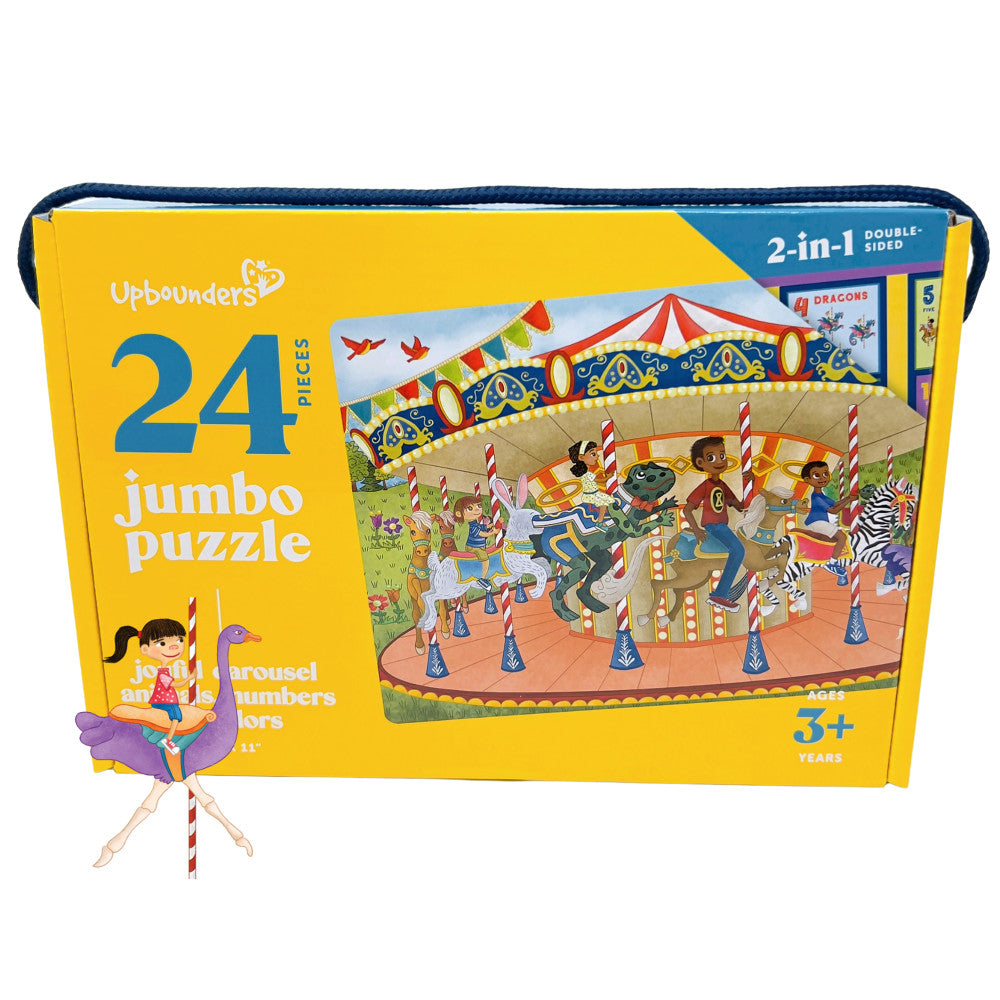 Upbounders 24-piece jumbo puzzle box featuring carousel with children and animals, 2-in-1 double-sided, ages 3+